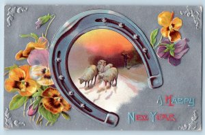 Sacramento California CA Postcard New Year Horseshoe Flowers Sheep Winter 1910