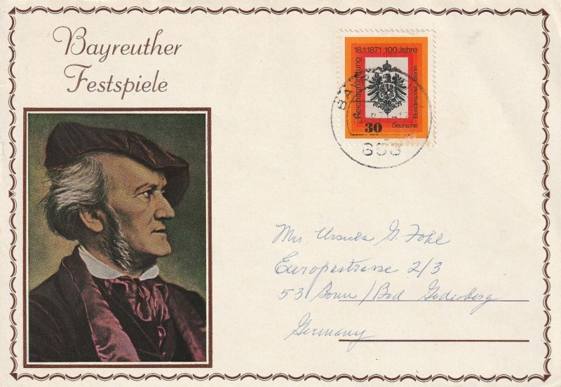 VINTAGE POSTCARD SHEET GERMANY (BERLIN) 1971 WITH BAYREUTHER GAMES SPECIAL STAMP