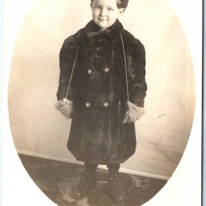 c1910s Little Man in Luxurious Fur Coat RPPC Safe Harbor Mittens Boy Cute A140