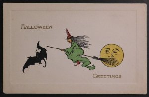 Mint USA Picture Postcard Halloween Greetings Witch in Green with Bat and Moon