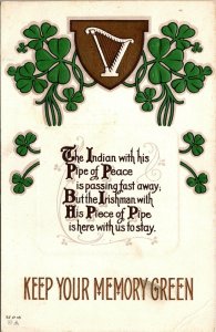 VINTAGE POSTCARD IRISH HUMOR - KEEP YOUR MEMORY GREEN EMBOSSED c. 1920