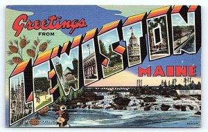 Greetings From LEWISTON, ME Maine ~ Large Letter Linen c1940s Curteich Postcard