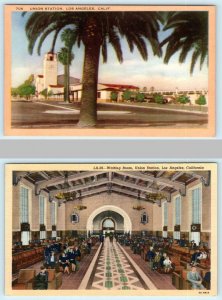 2 Postcards LOS ANGELES, CA ~ UNION STATION Railroad Depot & Waiting Room 1940s