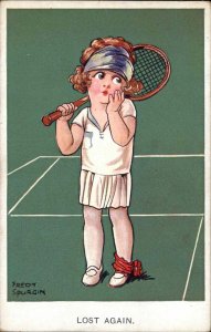 A/s FRED SPURGIN Cute Little Girl Tennis Lost Again Antique Postcard
