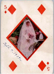 Pretty Lady in Wedding Gown on 5 of Diamonds Postcard - c1908