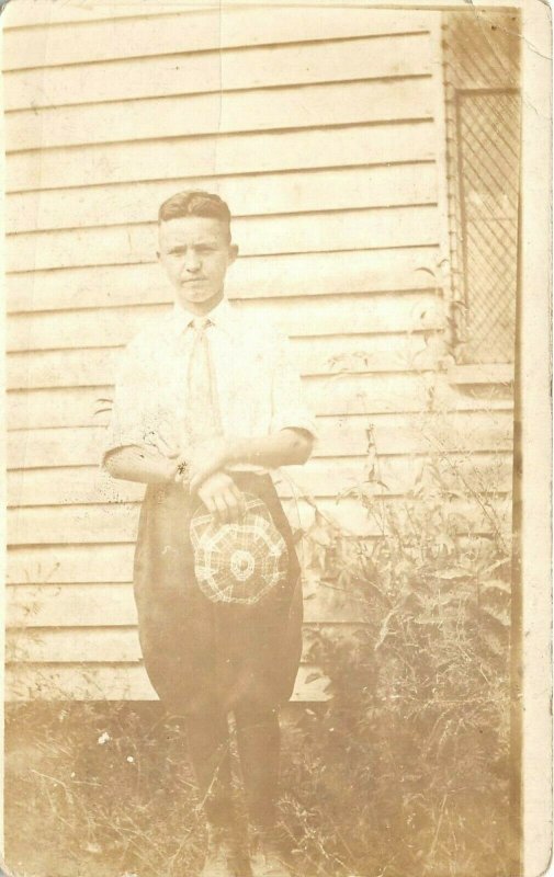 1920s RPPC Real Photo Postcard Young Man Holding Plaid Hat