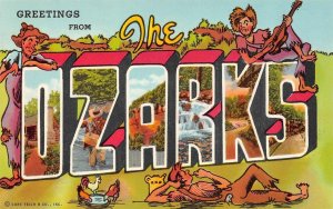 Large Letter Chrome  THE OZARKS GREETINGS  Comic~Hillbillies  CURTEICH Postcard