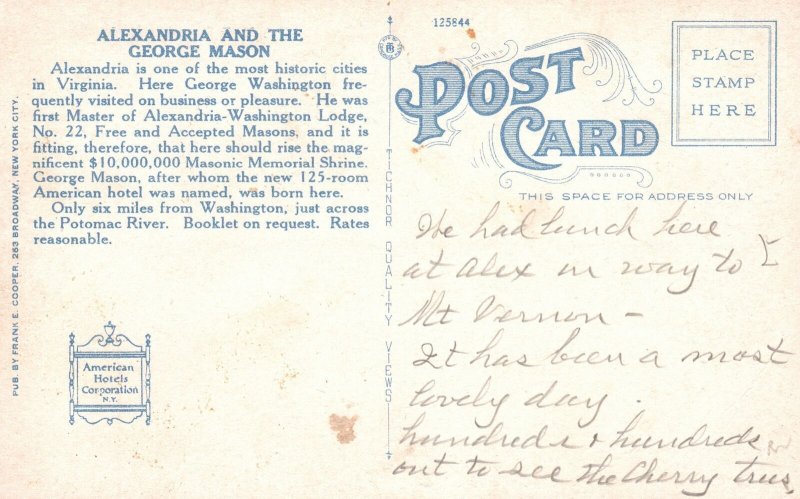 Vintage Postcard 1920's The George Mason Hotel Alexandria Virginia VA
