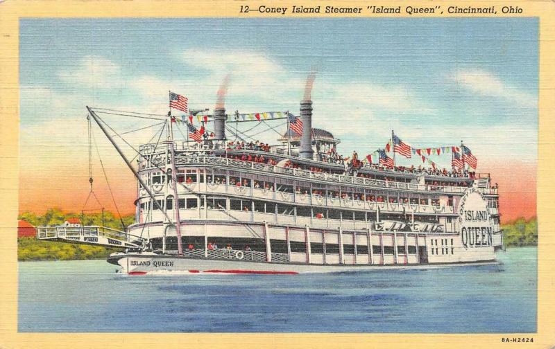 CINCINNATI, OH Ohio  CONEY ISLAND STEAMER ISLAND QUEEN Ship  c1940's Postcard