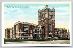Cincinnati Ohio~Hughes High School From Street~Art Deco~Flag~Vintage Postcard