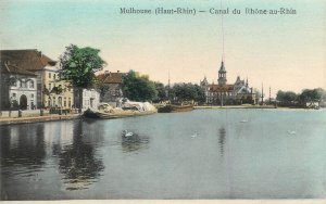 France navigation & sailing topic postcard Mulhouse canal Rhone au Rhin barge