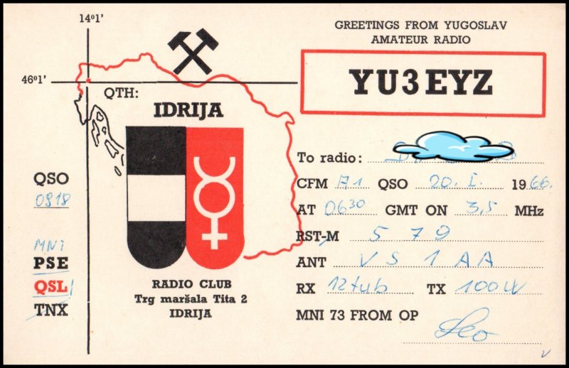 QSL Radio Card call sign YU3EYZ from Yugoslavia 1966