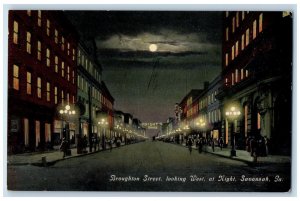 c1910's Broughton Street Looking West At Night Savannah GA, Moon View Postcard