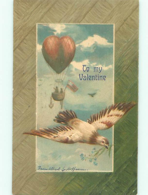 Pre-Linen Valentine HOT AIR BALLOON BEHIND LARGE BIRD AB3090