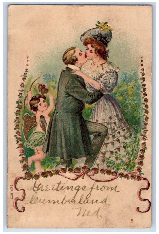 1908 Greetings From Cumberland Maryland MD, Couple Kissing Cupid Postcard