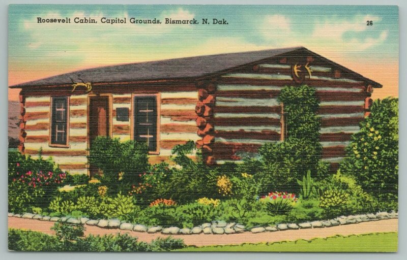 Bismarck North Dakota~Roosevelt Cabin Capitol Grounds~Vintage Postcard