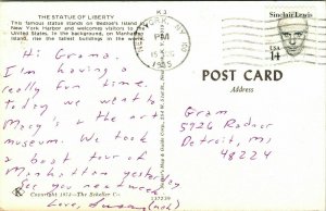 Statue Liberty Bedloe Island New York Harbor NY Aerial View Postcard Cancel PM  