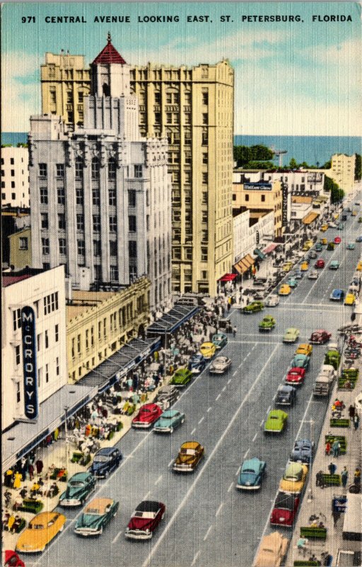 Vtg 1930s Central Avenue looking East St Petersburg Florida FL Unused Postcard