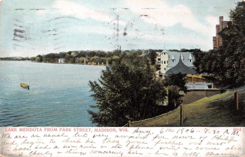 MADISON WISCONSIN~ALONG LAKE MENDOTA'S SHORE POSTCARD 1906 PSMK