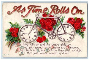 1913 As Time Rolls On Bicycle Clock Wheels Red Roses Flowers Embossed Postcard