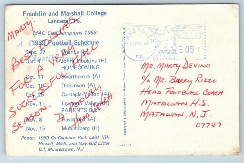 PA Lancaster Franklin & Marshall College 1969 Football Schedule Players U15