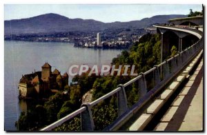 Modern Postcard Lac Leman Chateau de Chillon and the city of Montreux seen fr...