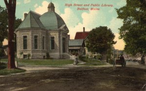 High Street And Public Library Belfast Maine ME Davis Vintage Postcard 1900's