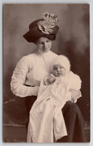 RPPC Edwardian Mother Pretty Hat Darling Baby Fur Bonnet Real Photo Postcard A36
