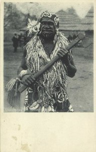 Native South Sea HEADHUNTER CANNIBAL with Axe, Facial Tattoo (1910s)