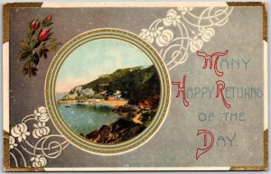 Landscape Inside The Circle Calligraphic Design Many Happy Returns Postcard