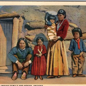 c1940s AZ Navajo Family Hogan Linen Postcard Native American Desert Home A91