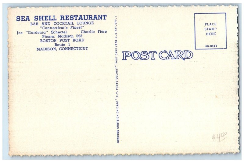 c1940's Sea Shell Restaurant Bar & Cocktail Lounge Madison Connecticut Postcard