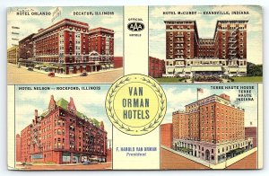 1930s VAN ORMAN HOTELS ORLANDO NELSON McCURDY TERRE HAUTE IL IN  POSTCARD P2066