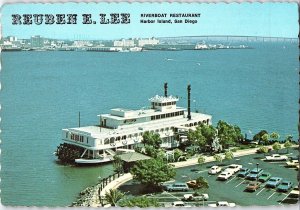 Vintage Post Card Reuben E. Lee Riverboat Restaurant Harbor Island CA &U