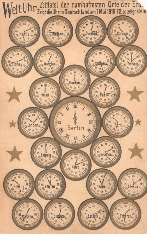 CLOCK TIMES ALL OVER THE WORLD HONG KONG CHINA NEPAL UK GERMANY POSTCARD (1916)