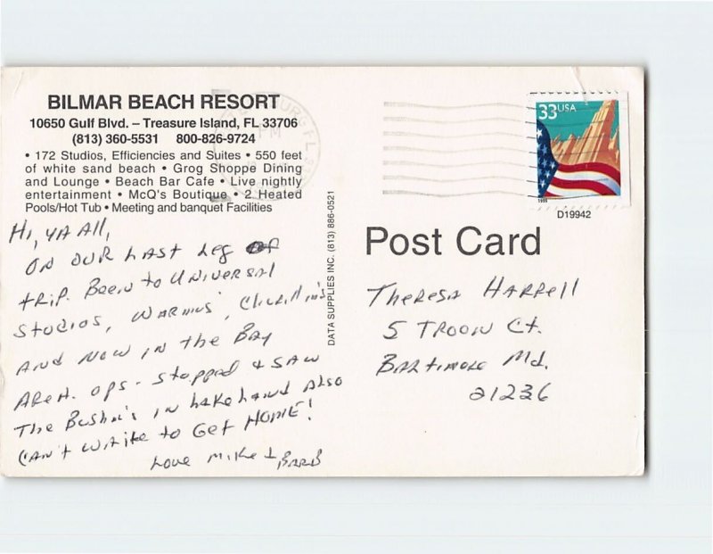 Postcard Bilmar, A Beach Resort, Treasure Island, Florida 