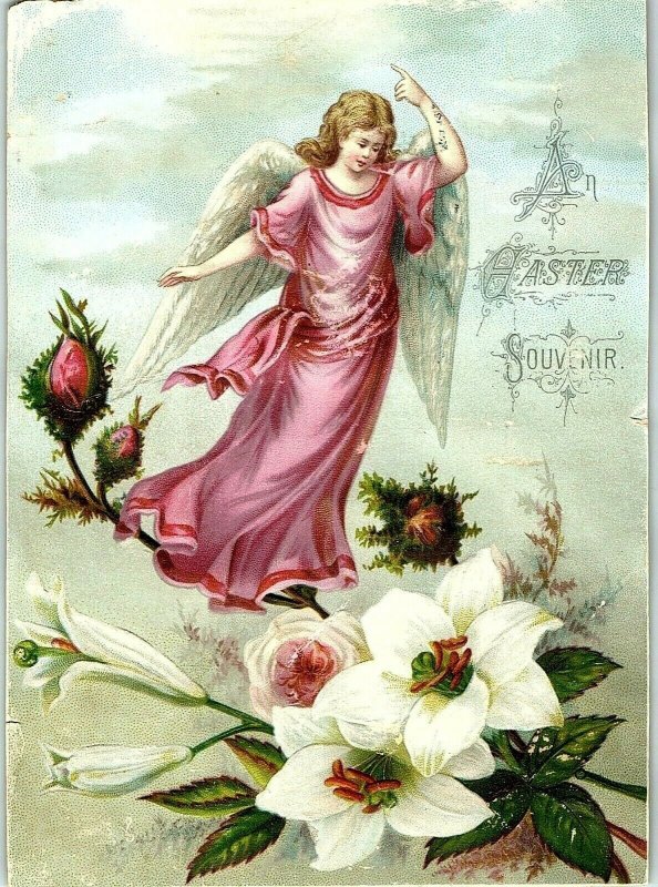 1880's Embossed Victorian Easter Card Angel In Pink White Lilies &U