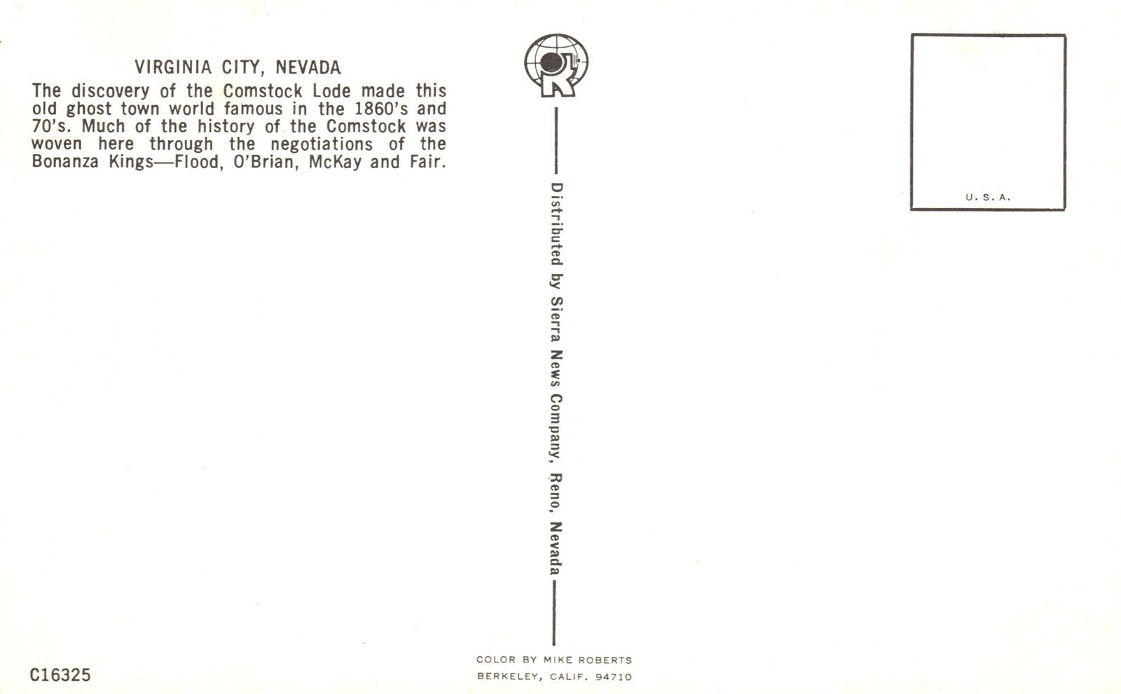 Vintage Postcard Comstock Lode Old Ghost Town Sharon House Virginia