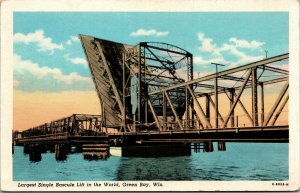 Vtg 1940s Bridge with Single Bascule Lift Green Bay Wisconsin WI Linen Postcard