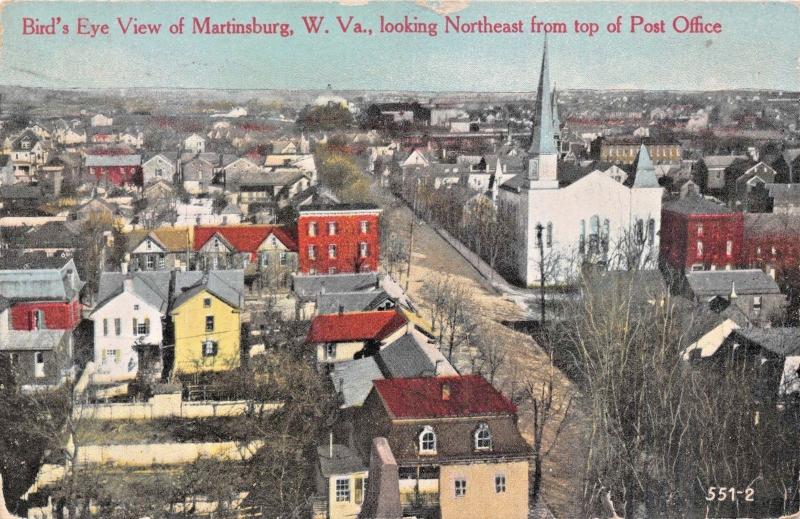 MARTINSBURG WV~BIRDS EYE VIEW LOOKING N.E. FROM TOP OF POST OFFICE POSTCARD 1911