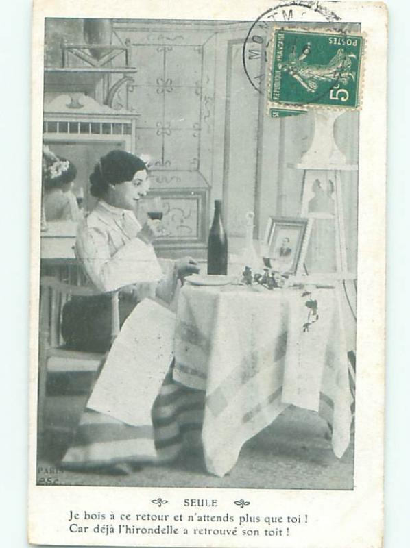 foreign c1910 Postcard FRENCH WOMAN DRINKING A BOTTLE OF WINE AC3133