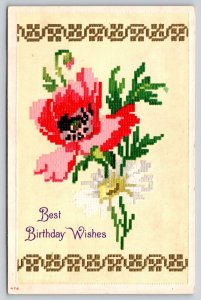 Flower Greetings~Cross Stich Red & White Flowers~Gold~c1910 Vintage Postcard