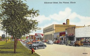 Ellinwood Street Scene DES PLAINES, ILLINOIS Cars, Stores 1940s Vintage Postcard
