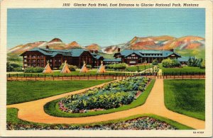 Glacier Park Hotel E Entrance National Park Montana MT Linen Postcard VTG PM WOB 