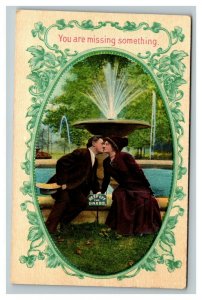 Vintage 1900's Postcard Couple Kissing in Park You are missing something Funny 