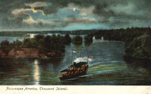 Vintage Postcard Picturesque America Thousand Islands Night Full Moon New York