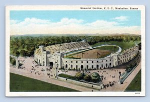 Birds Eye View Memorial Stadium KSC Manhattan Kansas KS UNP Linen Postcard O3