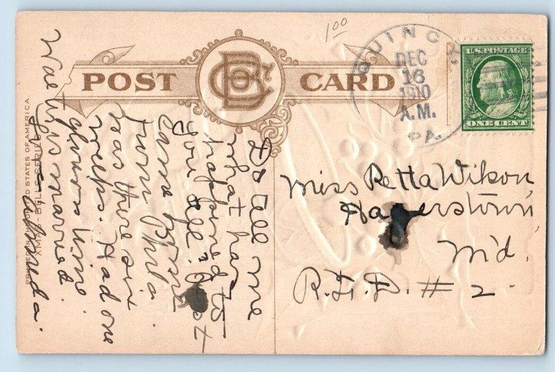 Christmas Postcard Ringing Bell Holly Berries Embossed Bamforth Quincy PA 1910