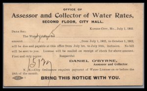 US 1902 Kansas City MO. Assessor & Collector of Water Rates Collection Card