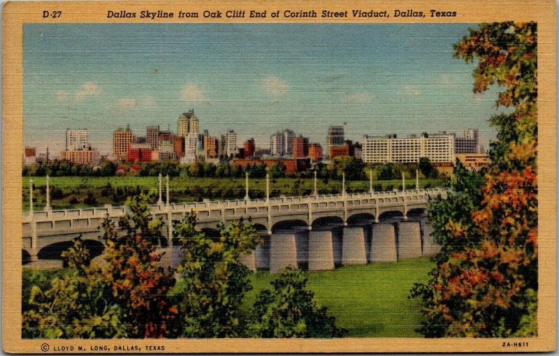Vtg Dallas TX Skyline from Oak Cliff End of Corinth Street Viaduct Postcard